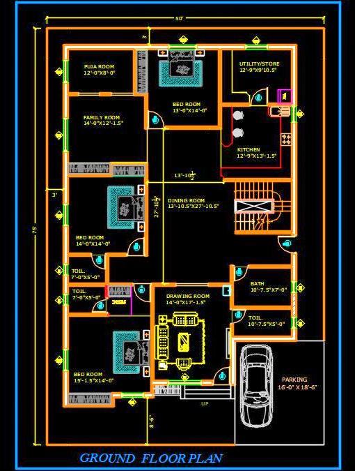 Spacious 3 BHK House Plan for 50'x75' Plot  Autocad Drawing